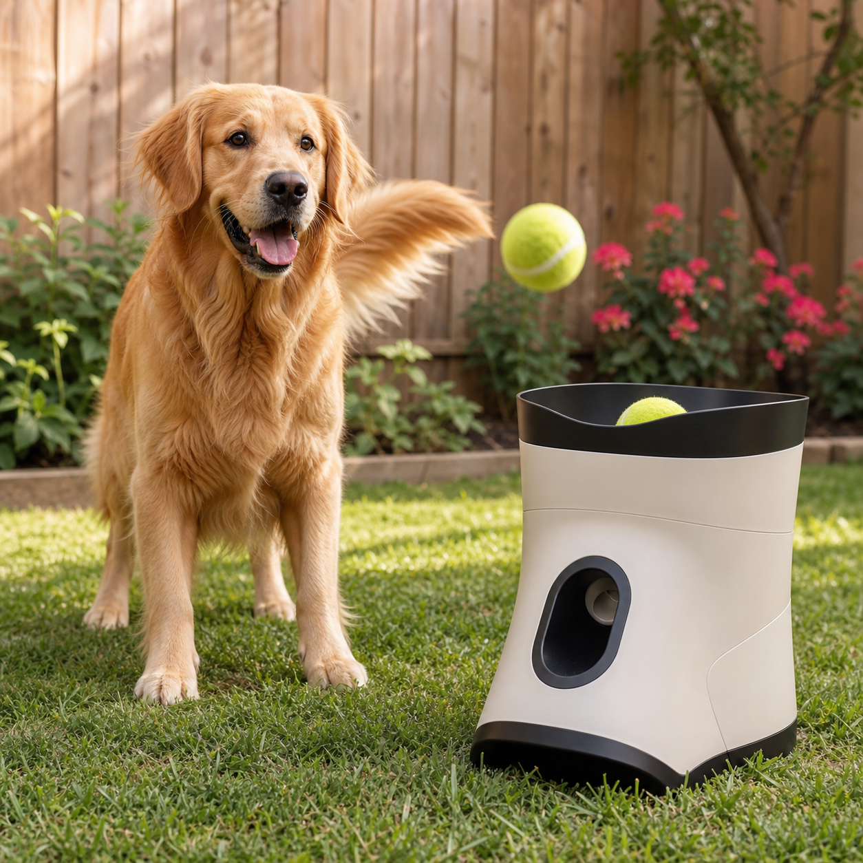 Automatic Ball Launcher shown in a dog product review photograph