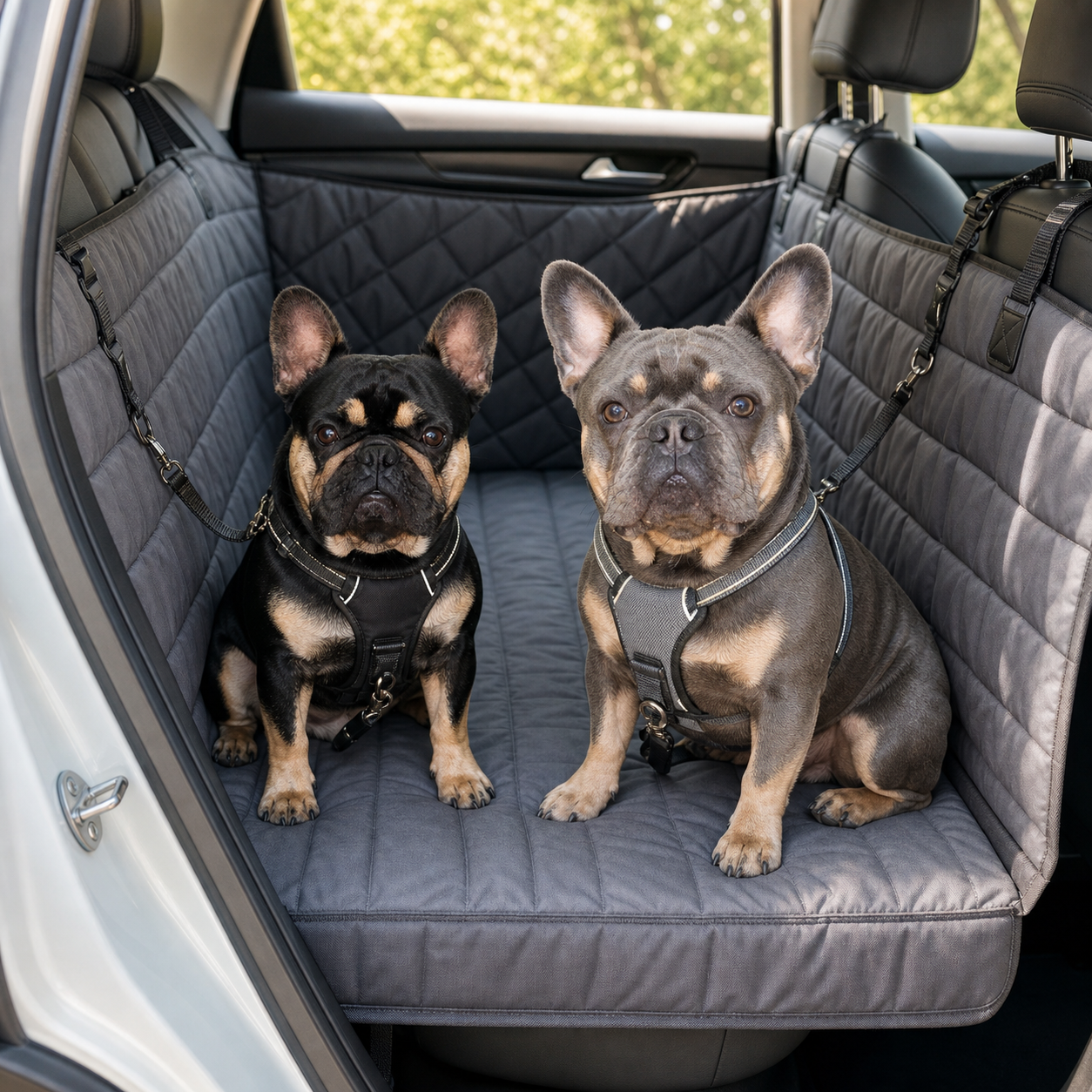 Pickles, a black-and-tan French bulldog, and Bear, a blue-and-tan French bulldog, testing a back-seat dog extender