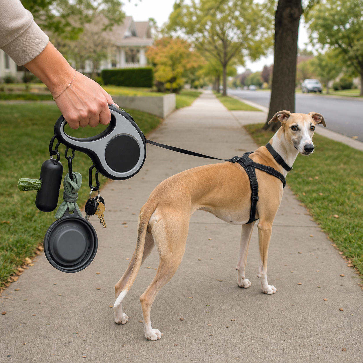 A fawn Whippet on a sidewalk attached to a modular retractable leash carrying a waste-bag dispenser, collapsible bowl and keys