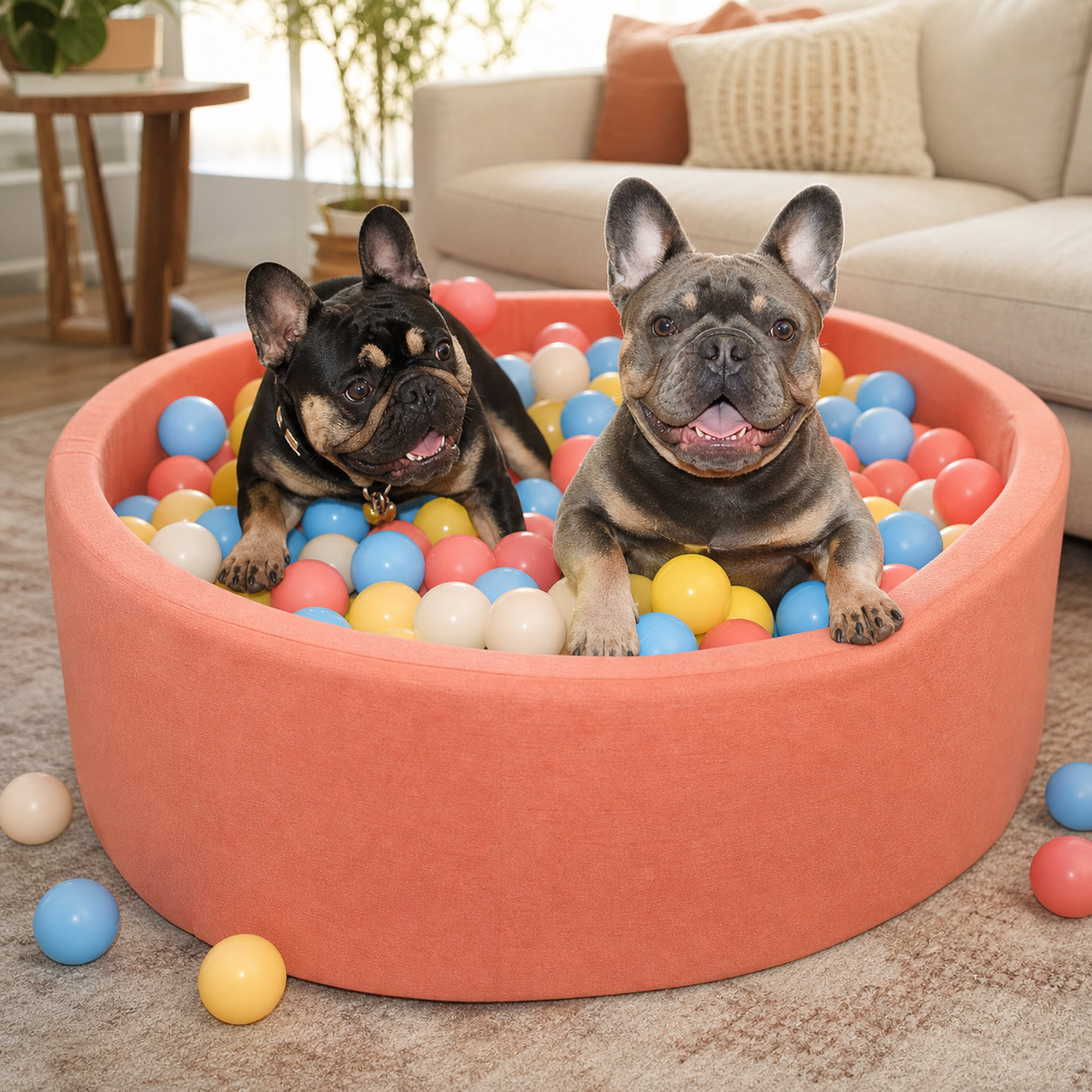 Pickles, a black-and-tan French bulldog, and Bear, a blue-and-tan French bulldog, playing in an indoor dog ball pit