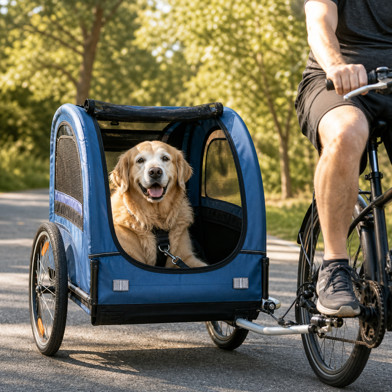 A happy senior golden retriever secured inside a blue enclosed dog bicycle trailer on a sunny park path