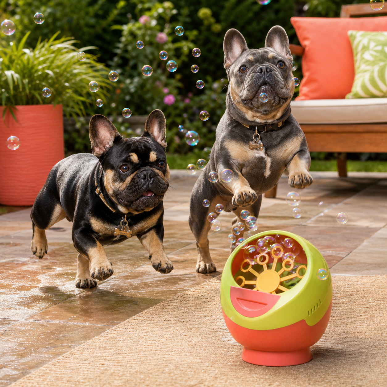 Pickles, a black-and-tan French bulldog, and Bear, a blue-and-tan French bulldog, testing a dog bubble machine