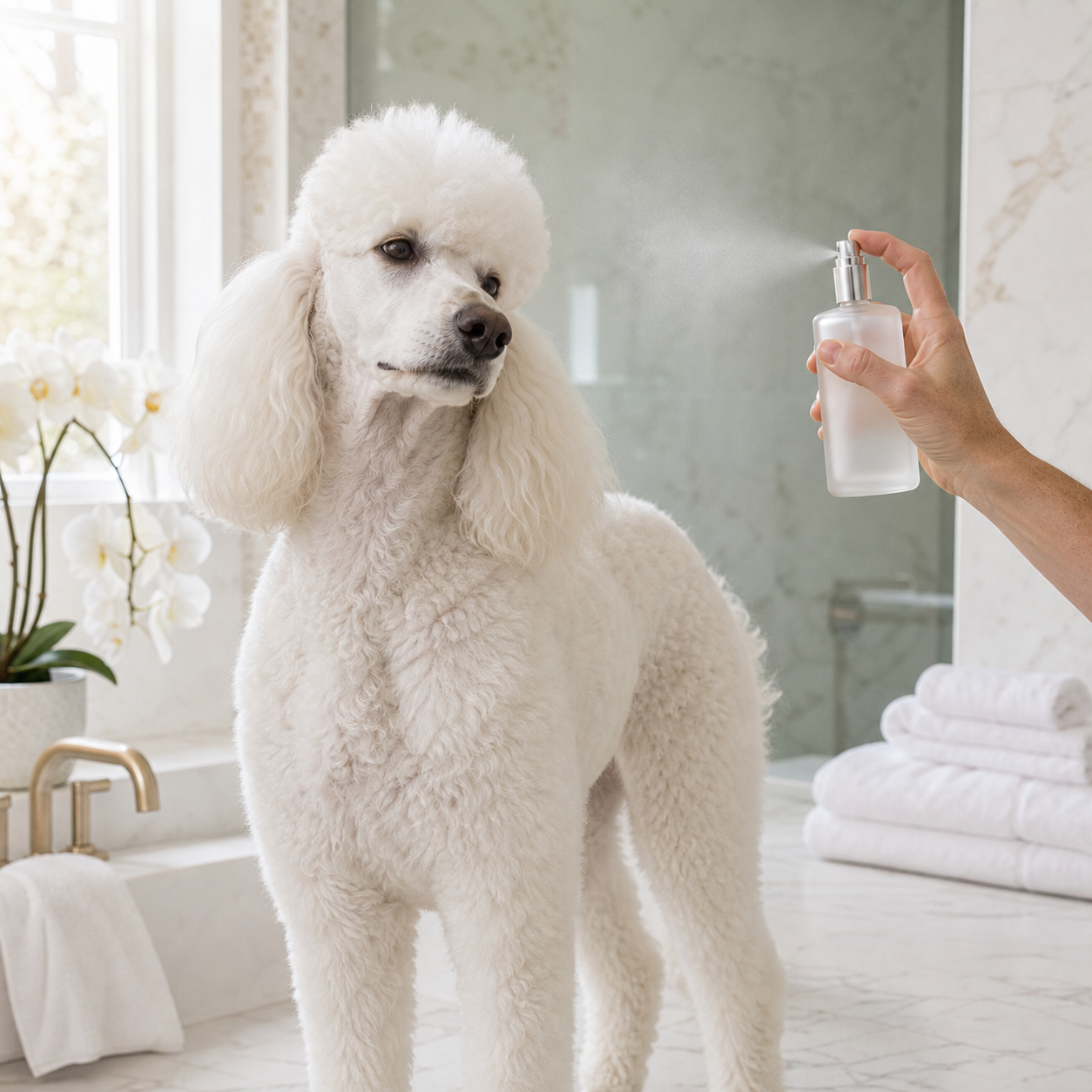 A white standard poodle being safely misted beside the shoulder with an unbranded dog cologne