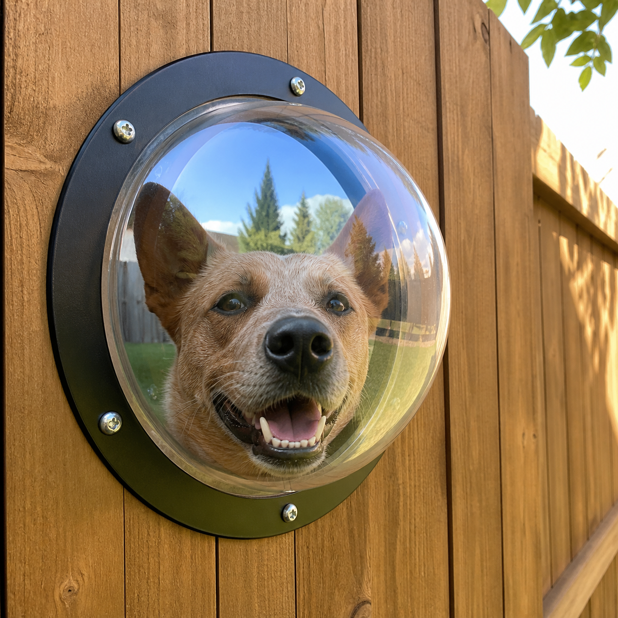 A red Australian Cattle Dog looking through a clear acrylic bubble window securely installed in a wooden backyard fence