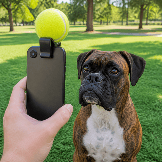 A brindle Boxer staring at a yellow tennis ball clipped above a smartphone camera in a sunny park