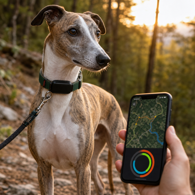 A brown-and-white whippet on a wooded trail wearing a black GPS tracker on a green collar beside a phone map