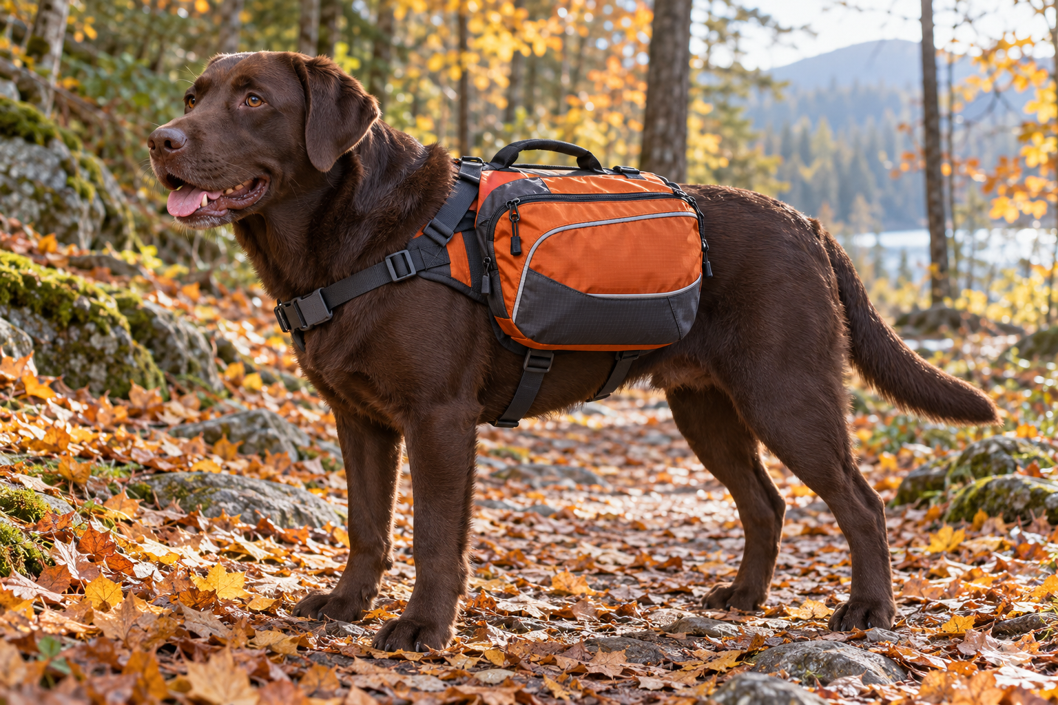 Illustrative lifestyle image of a chocolate Labrador wearing orange-and-charcoal hiking saddlebags on a leaf-covered woodland trail.