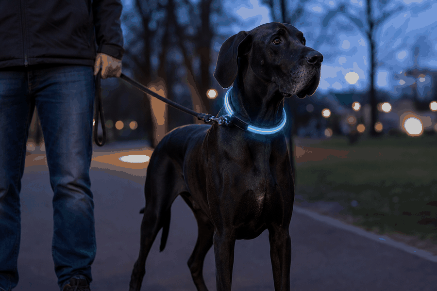 A black Great Dane wearing a bright cyan LED glow collar on a safe twilight walk