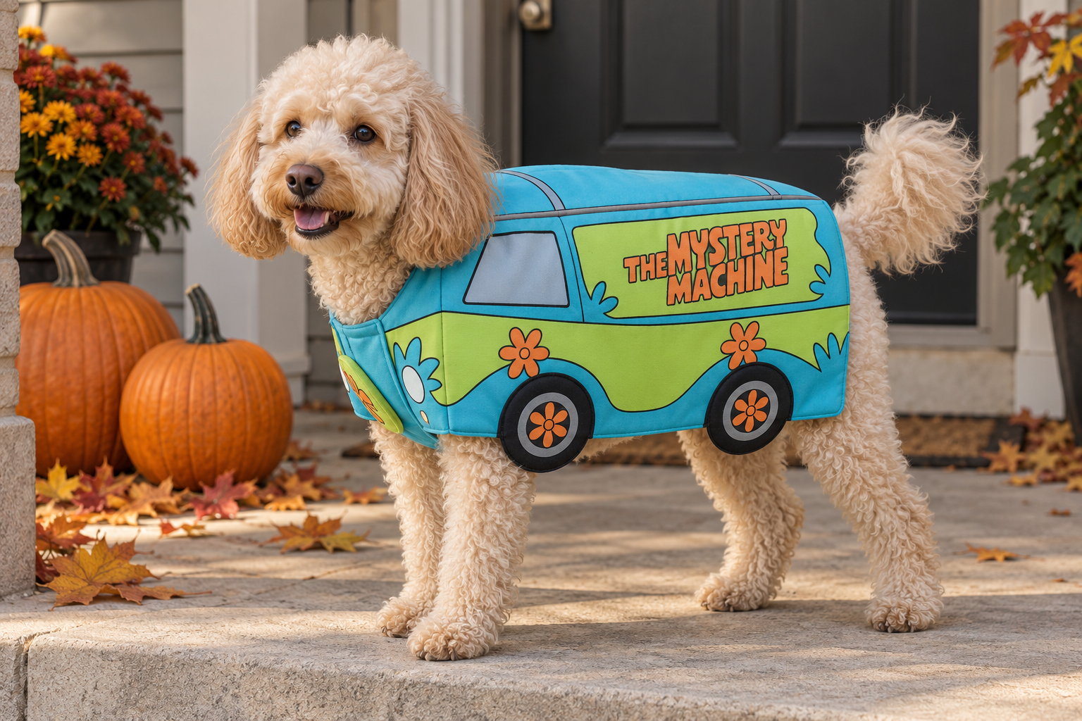 Illustrative lifestyle image of a cream miniature poodle wearing a turquoise-and-green Mystery Machine van costume on a porch beside autumn pumpkins.