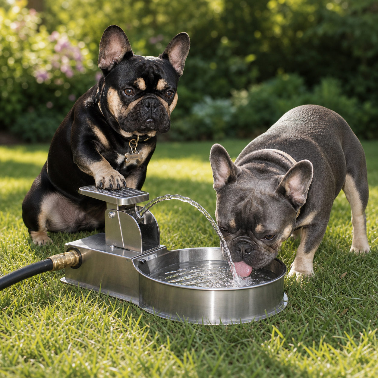 Pickles, a black-and-tan French bulldog, and Bear, a blue-and-tan French bulldog, testing a paw-activated water fountain