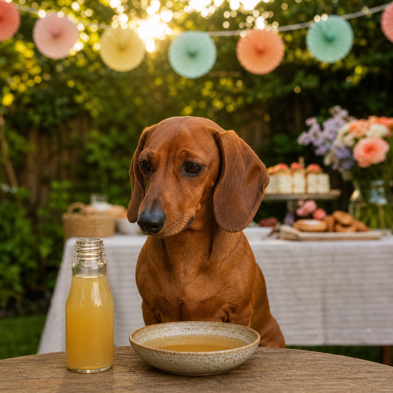 A red dachshund beside a small unbranded bottle and shallow bowl of dog-safe bone-broth drink