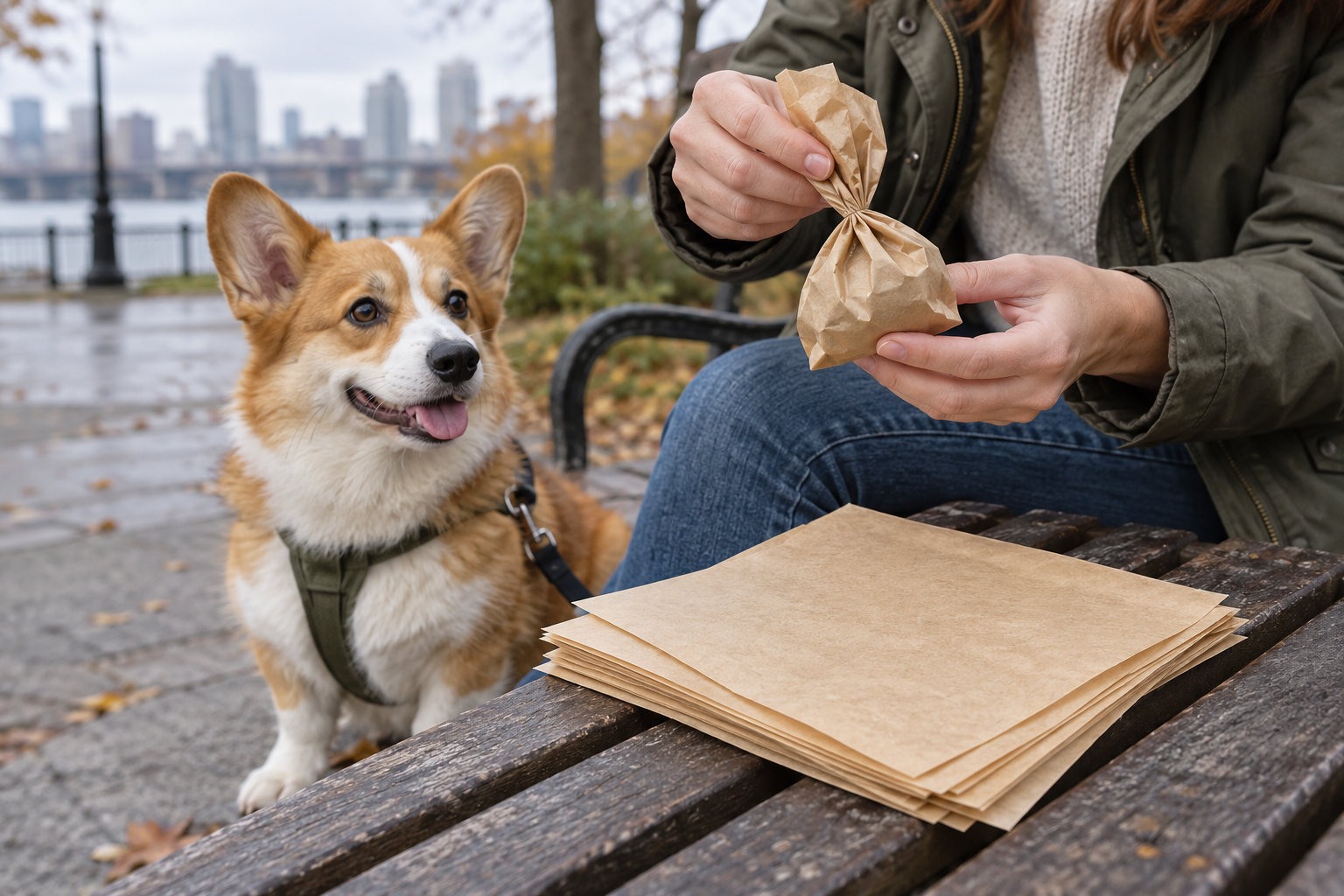 Illustrative lifestyle image of a red-and-white corgi beside a park bench while hands fold brown paper waste sheets into a parcel.