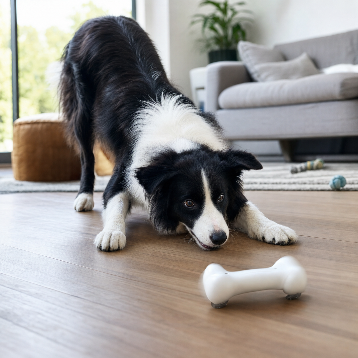 A black-and-white Border Collie crouching playfully near a self-moving robotic bone toy