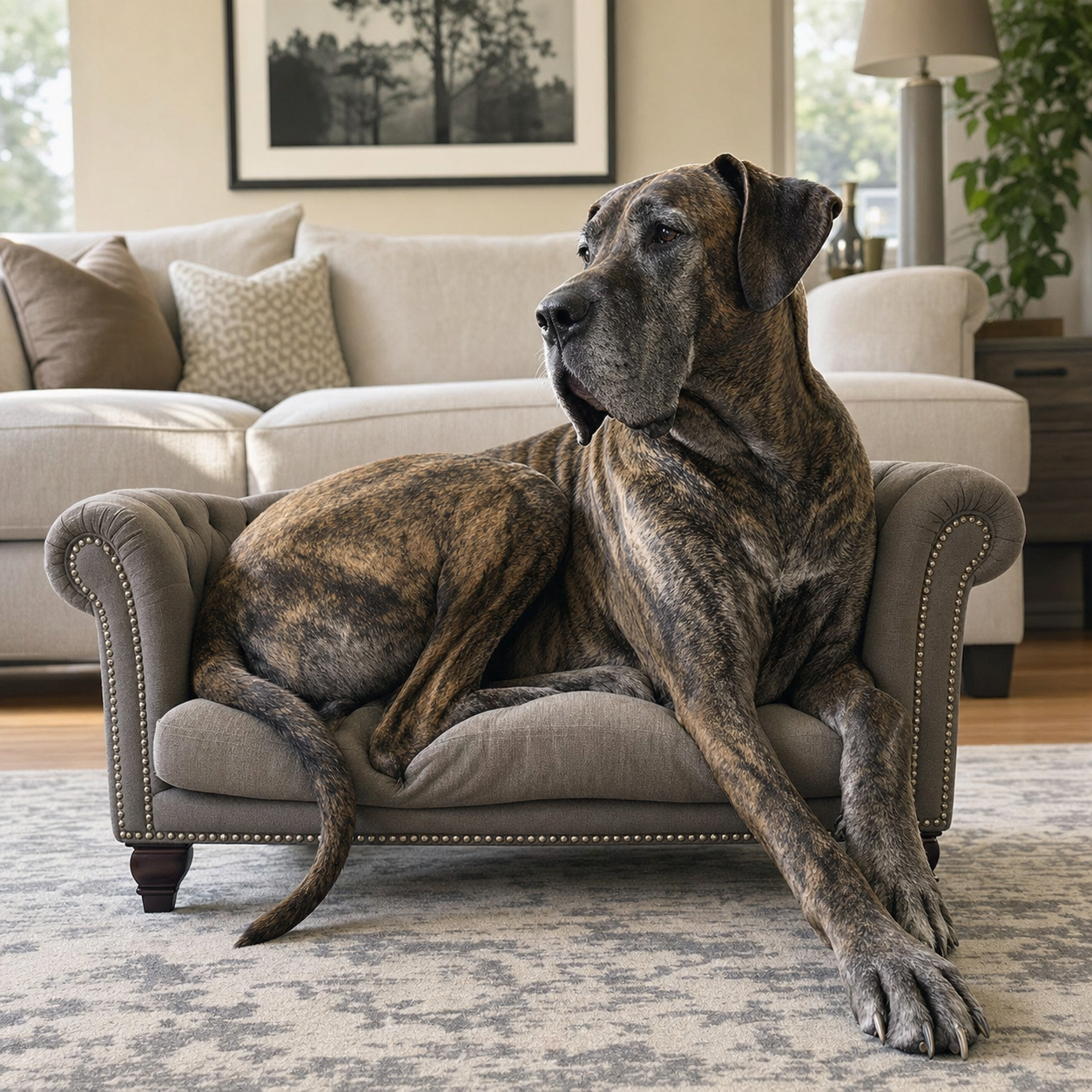 A brindle Great Dane lounging across a miniature upholstered sofa-style dog bed