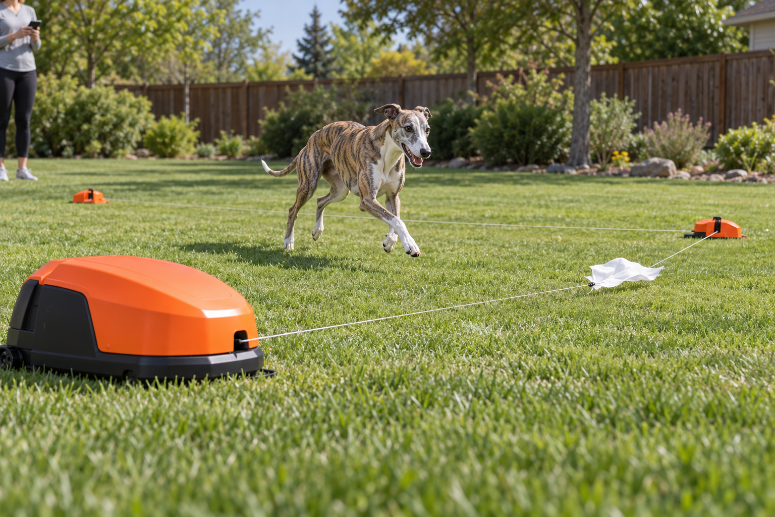 Illustrative lifestyle image of a brindle whippet following a white lure across a fenced lawn, with an orange motor housing, field pulleys and low course line visible.