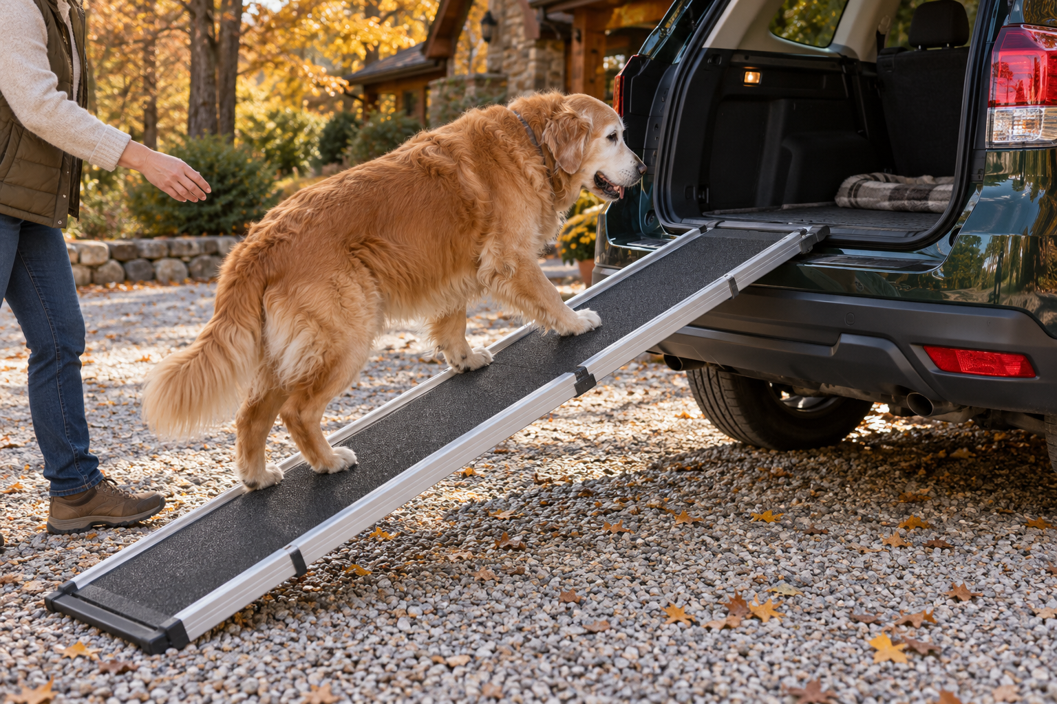 Illustrative lifestyle image of a gray-muzzled golden retriever walking up a silver telescoping ramp into a green SUV on an autumn driveway.