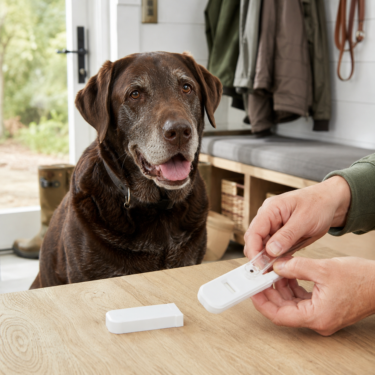 Senior chocolate Labrador beside a compact at-home tick test kit on a bright mudroom table after a woodland walk