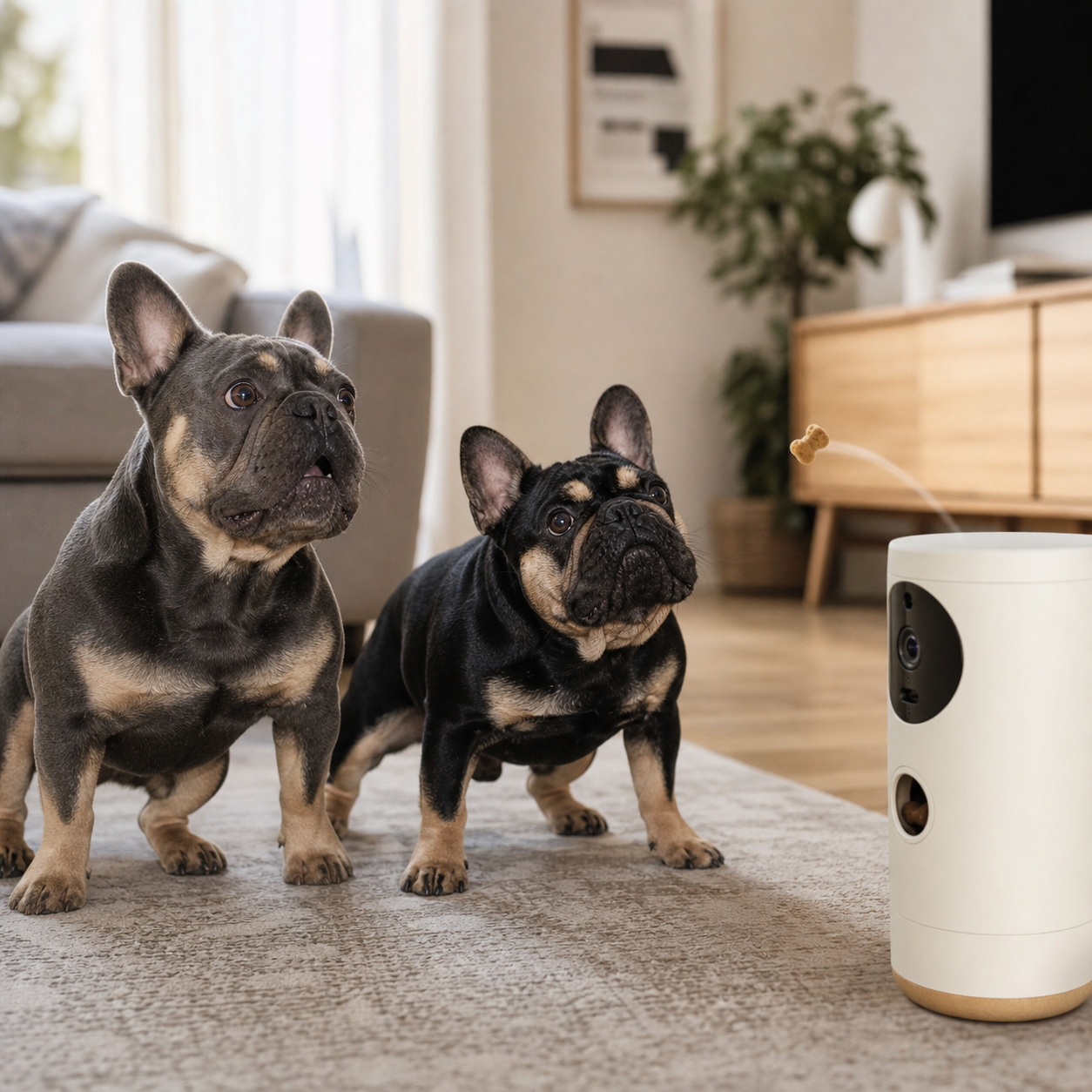 Pickles, a black-and-tan French bulldog, and Bear, a blue-and-tan French bulldog, testing a treat-tossing dog camera